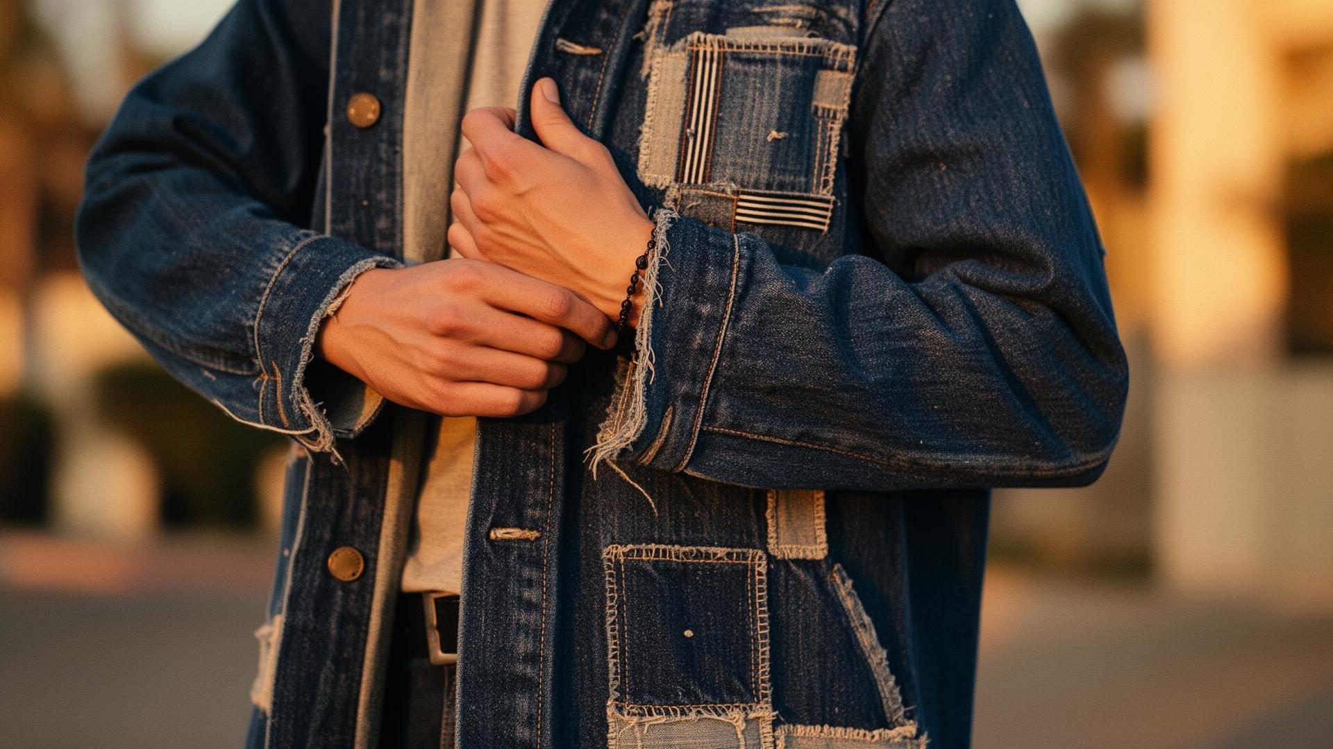 Close-up of hands adjusting a denim jacket lapel